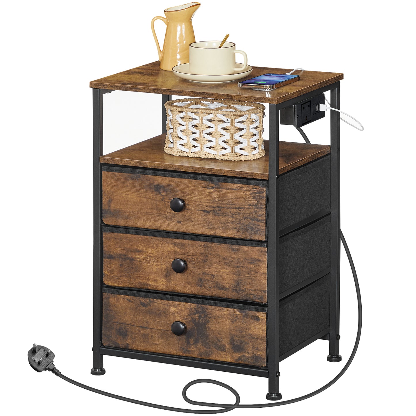 HOOBRO Bedside Table with Charging Station, Sofa Side Table with USB Ports and Socket, End Table with 3 Fabric Drawers, Nightstand for Bedroom, Living Room