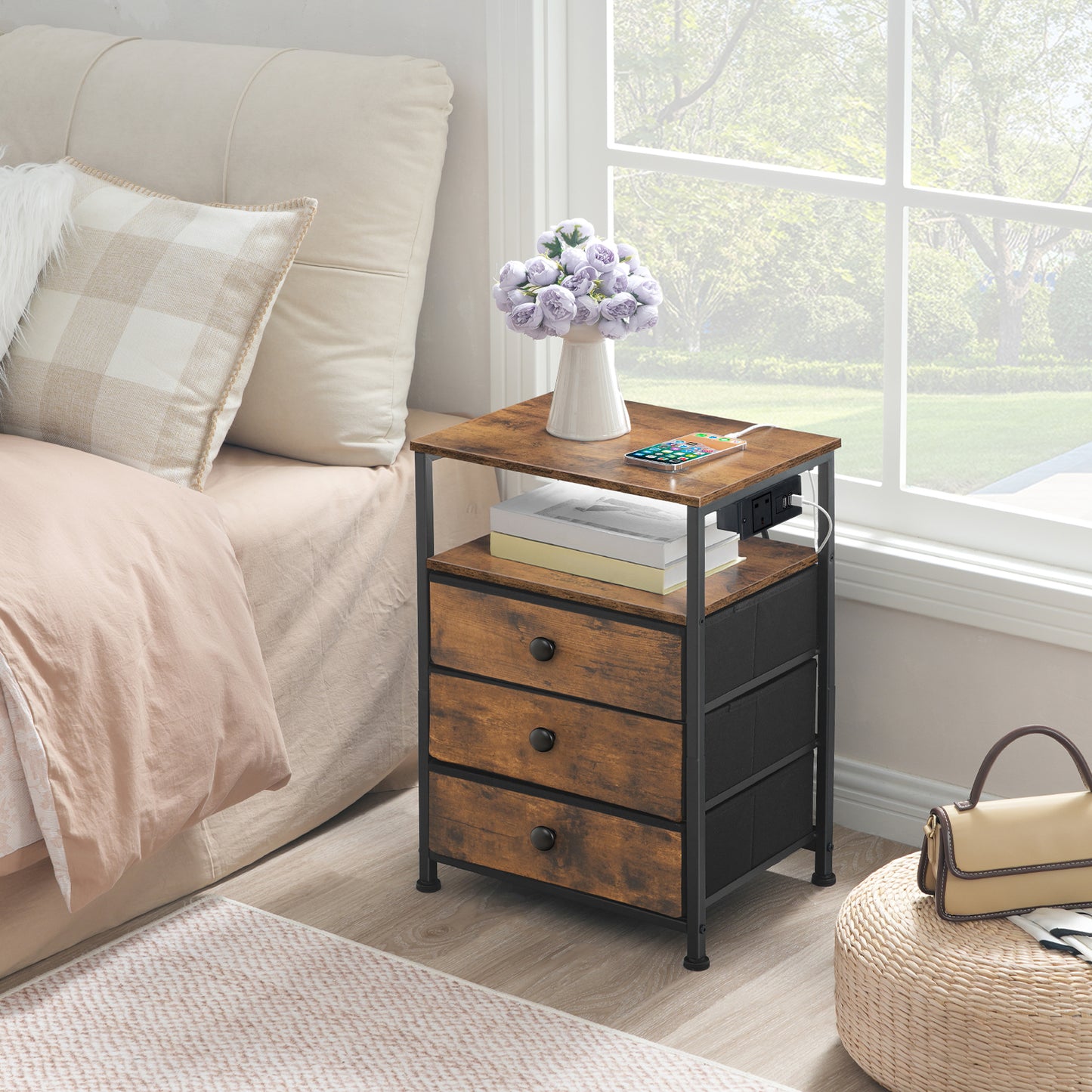 HOOBRO Bedside Table with Charging Station, Sofa Side Table with USB Ports and Socket, End Table with 3 Fabric Drawers, Nightstand for Bedroom, Living Room