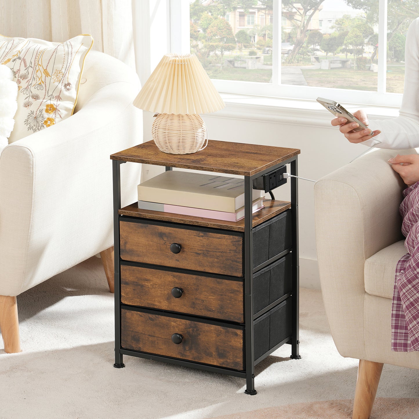 HOOBRO Bedside Table with Charging Station, Sofa Side Table with USB Ports and Socket, End Table with 3 Fabric Drawers, Nightstand for Bedroom, Living Room