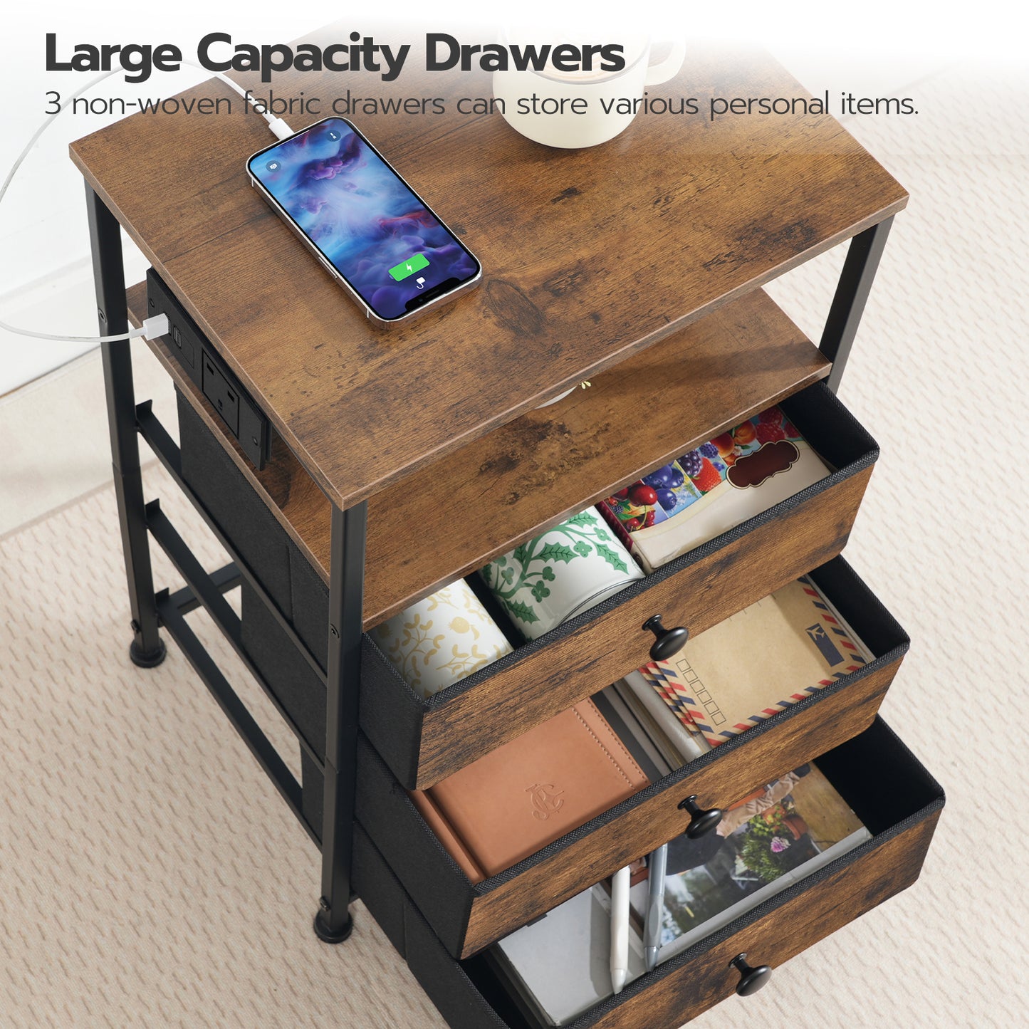 HOOBRO Bedside Table with Charging Station, Sofa Side Table with USB Ports and Socket, End Table with 3 Fabric Drawers, Nightstand for Bedroom, Living Room