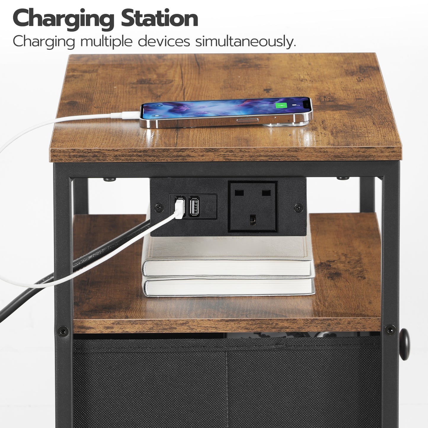 HOOBRO Bedside Table with Charging Station, Sofa Side Table with USB Ports and Socket, End Table with 3 Fabric Drawers, Nightstand for Bedroom, Living Room