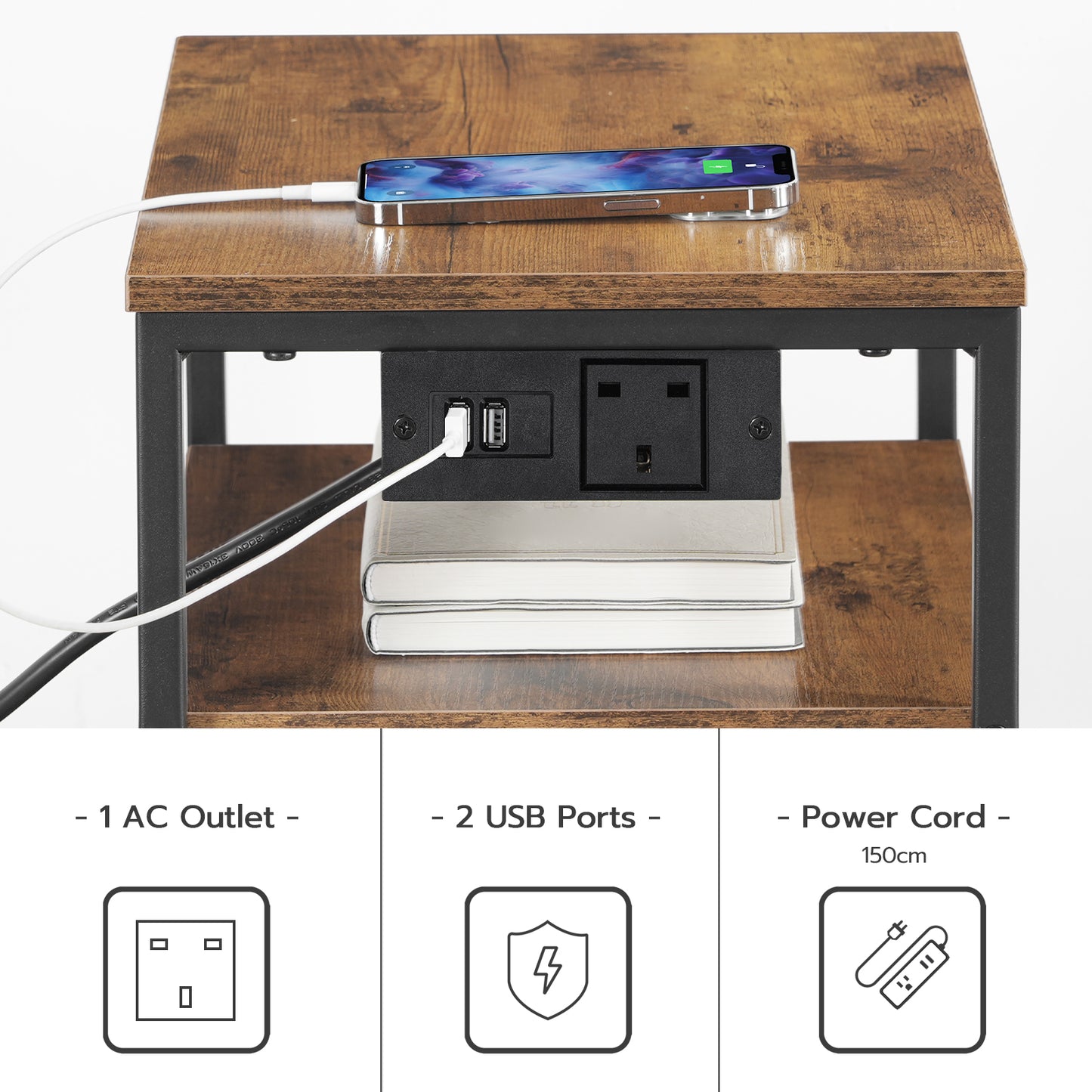 HOOBRO Bedside Table with Charging Station, Sofa Side Table with USB Ports and Socket, End Table with 3 Fabric Drawers, Nightstand for Bedroom, Living Room