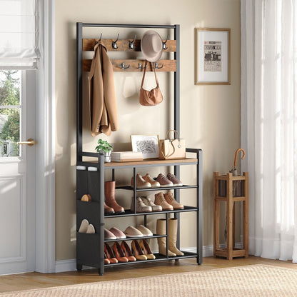 HOOBRO Hall Tree with Bench, Shoe Rack with Coat Rack, Coat Rack with Shoe Storage, 5 Tier Shoe Storage Organizer with Oxford Fabric Side Pockets, Coat and Shoe Rack Entryway