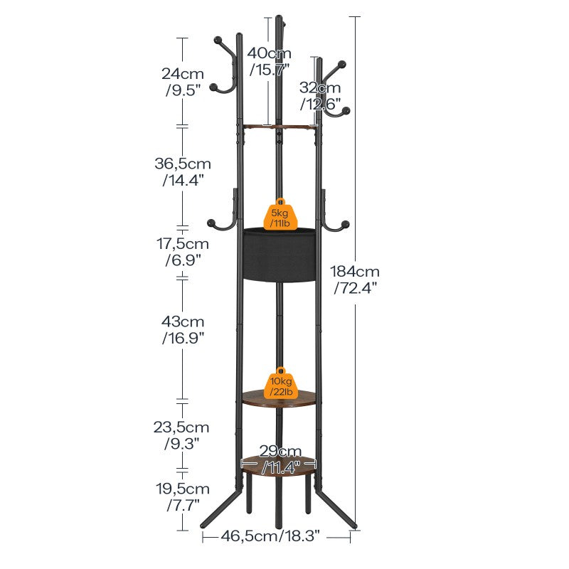 HOOBRO Coat Stand, Coat Rack for Hallway, Freestanding Coat Stand with Storage Shelves, Hall Trees with 6 Support Legs and 9 Hooks, Hat Stand for Hallway, Bedroom