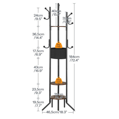HOOBRO Coat Stand, Coat Rack for Hallway, Freestanding Coat Stand with Storage Shelves, Hall Trees with 6 Support Legs and 9 Hooks, Hat Stand for Hallway, Bedroom