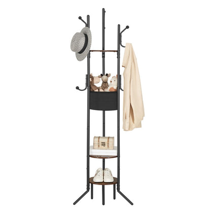 HOOBRO Coat Stand, Coat Rack for Hallway, Freestanding Coat Stand with Storage Shelves, Hall Trees with 6 Support Legs and 9 Hooks, Hat Stand for Hallway, Bedroom