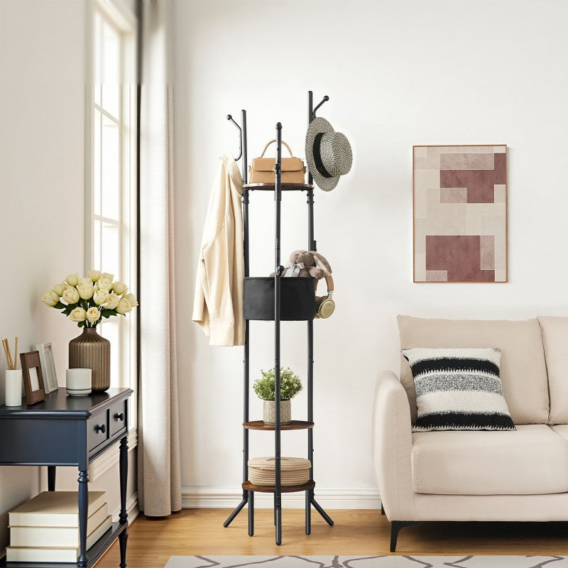 HOOBRO Coat Stand, Coat Rack for Hallway, Freestanding Coat Stand with Storage Shelves, Hall Trees with 6 Support Legs and 9 Hooks, Hat Stand for Hallway, Bedroom