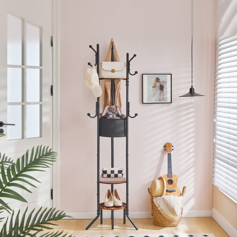 HOOBRO Coat Stand, Coat Rack for Hallway, Freestanding Coat Stand with Storage Shelves, Hall Trees with 6 Support Legs and 9 Hooks, Hat Stand for Hallway, Bedroom