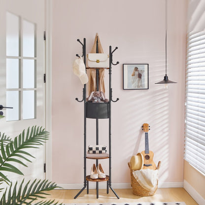 HOOBRO Coat Stand, Coat Rack for Hallway, Freestanding Coat Stand with Storage Shelves, Hall Trees with 6 Support Legs and 9 Hooks, Hat Stand for Hallway, Bedroom