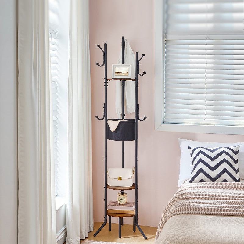 HOOBRO Coat Stand, Coat Rack for Hallway, Freestanding Coat Stand with Storage Shelves, Hall Trees with 6 Support Legs and 9 Hooks, Hat Stand for Hallway, Bedroom