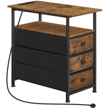 HOOBRO Slim Bedside Table with Charging Station, Narrow Side Table with 3 Non-Woven Fabric Drawers, Side Table with USB Ports and Power Outlets, for Small Spaces