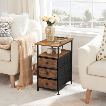 HOOBRO Slim Bedside Table with Charging Station, Narrow Side Table with 3 Non-Woven Fabric Drawers, Side Table with USB Ports and Power Outlets, for Small Spaces