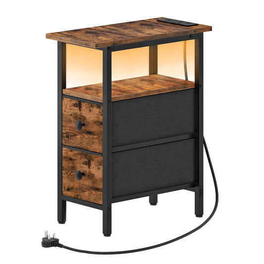 HOOBRO Slim Side Table with Charging Station, Industrial Bedside Table with LED Lights and 2 Fabric Drawers, Nightstand for Small Space, Bedroom, Living Room