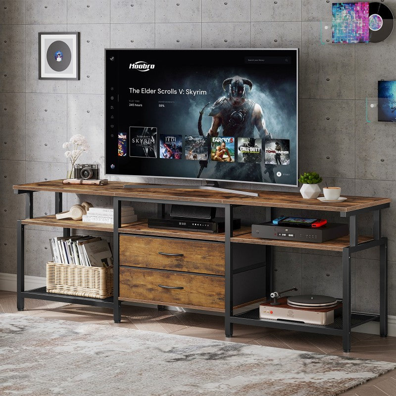 HOOBRO TV Stand Unit, TV Cabinet with Open Storage Shelves Cabinet, Media Console Table with Shelves and 2 Fabric Drawers, for Living Room, Bedroom