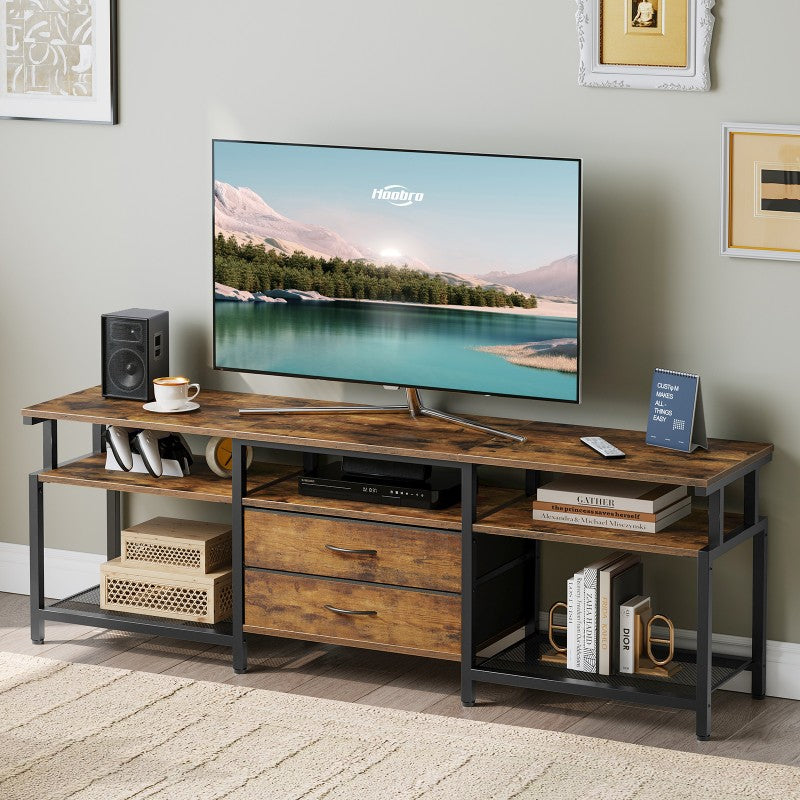 HOOBRO TV Stand Unit, TV Cabinet with Open Storage Shelves Cabinet, Media Console Table with Shelves and 2 Fabric Drawers, for Living Room, Bedroom