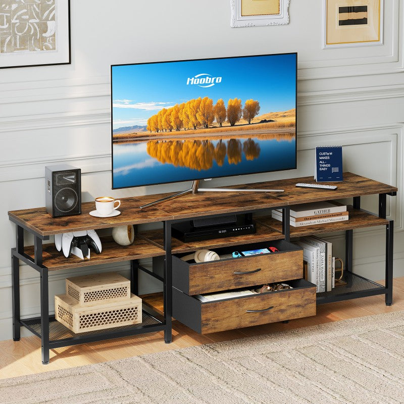 HOOBRO TV Stand Unit, TV Cabinet with Open Storage Shelves Cabinet, Media Console Table with Shelves and 2 Fabric Drawers, for Living Room, Bedroom
