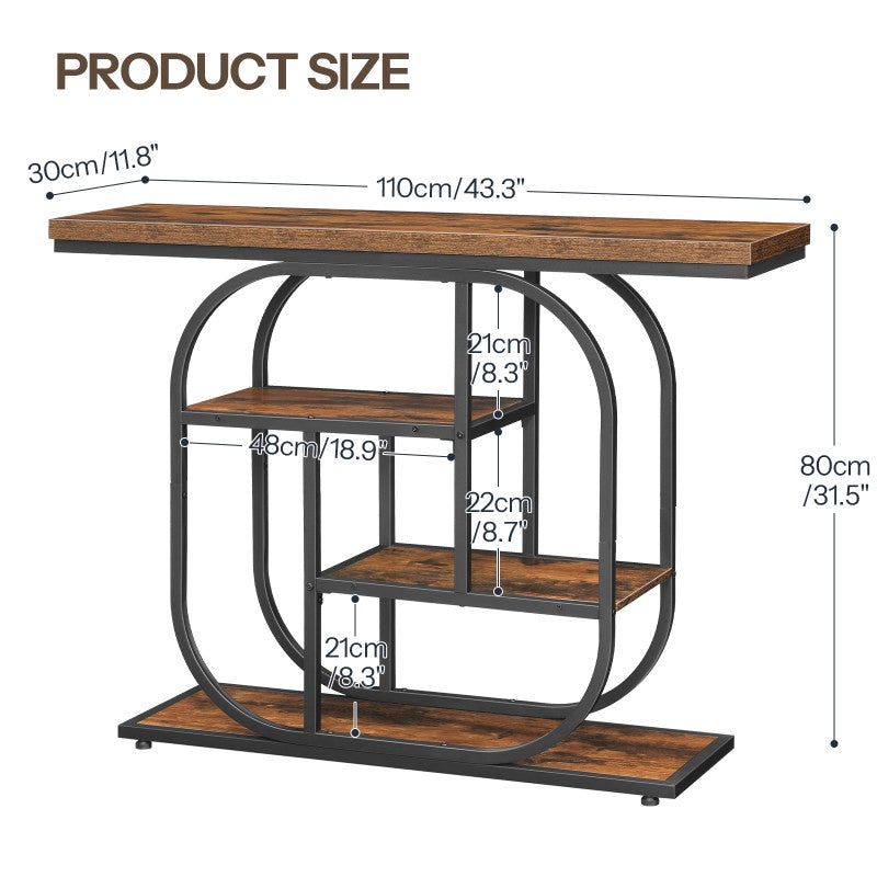 HOOBRO Narrow Console Table, 4-Tier Hallway Table, 110 cm Industrial Display Table with Storage, Geometric Frame, for Entryway, Foyer, Living Room, Bedroom, Staircase