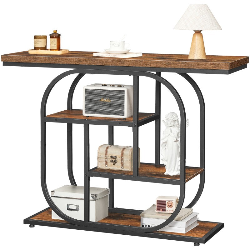 HOOBRO Narrow Console Table, 4-Tier Hallway Table, 110 cm Industrial Display Table with Storage, Geometric Frame, for Entryway, Foyer, Living Room, Bedroom, Staircase
