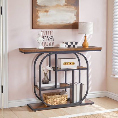 HOOBRO Narrow Console Table, 4-Tier Hallway Table, 110 cm Industrial Display Table with Storage, Geometric Frame, for Entryway, Foyer, Living Room, Bedroom, Staircase
