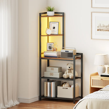 HOOBRO 5-Tier Corner Shelf, Corner Bookcase with LED Light Strip, Freestanding Storage Organizer with Adjustable Mesh Tier, Tall Storage Desk with Desktop Bookshelf