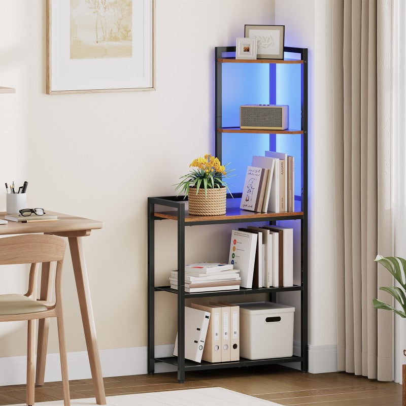 HOOBRO 5-Tier Corner Shelf, Corner Bookcase with LED Light Strip, Freestanding Storage Organizer with Adjustable Mesh Tier, Tall Storage Desk with Desktop Bookshelf