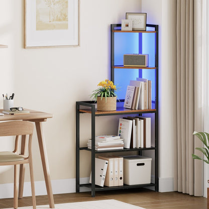 HOOBRO 5-Tier Corner Shelf, Corner Bookcase with LED Light Strip, Freestanding Storage Organizer with Adjustable Mesh Tier, Tall Storage Desk with Desktop Bookshelf