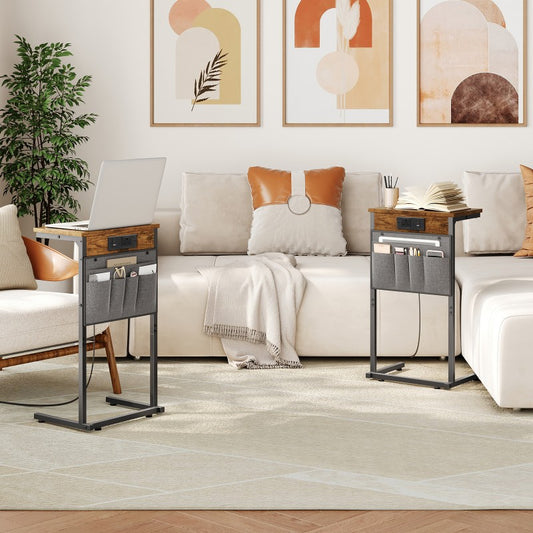 HOOBRO C Shaped Side Table, Bedside Table with Charging Station, Slim Sofa Side Table with Storage Bag, Small Table Laptop Tables with Metal Frame Coffee Table for Small Space