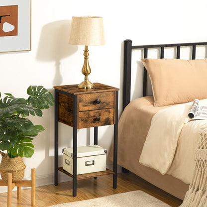 HOOBRO Tall Nightstand, Bedside Table with 2 Drawers and Storage Shelf, Industrial Telephone End Table for Study, Bedroom, Side Table Space Saving, Easy Assembly