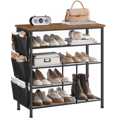 HOOBRO Shoe Rack, 5-Tier Shoe Organizer, Shoe Storage Rack with Side Hanging Pockets, Shoe Storage Organiser, Industrial Shoe Storage Unit for Entryway, Metal Frame