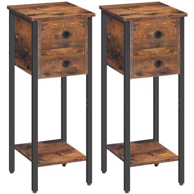 HOOBRO Narrow Bedside Table, Slim Bedside Table Set of 2, Telephone Table with 2 Drawers, Tall Side Table with Metal Frame, Small Nightstand with Open Shelf