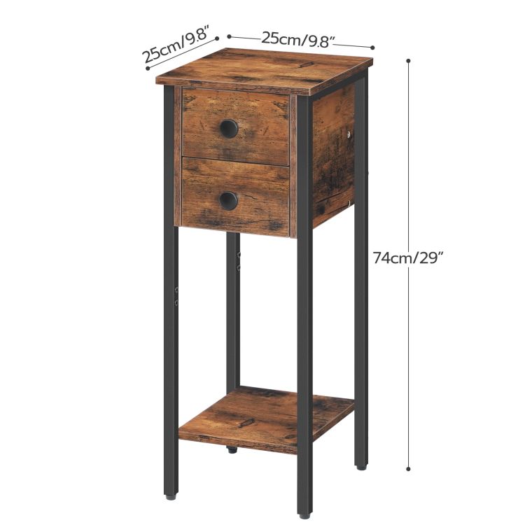 HOOBRO Narrow Bedside Table, Slim Bedside Table Set of 2, Telephone Table with 2 Drawers, Tall Side Table with Metal Frame, Small Nightstand with Open Shelf