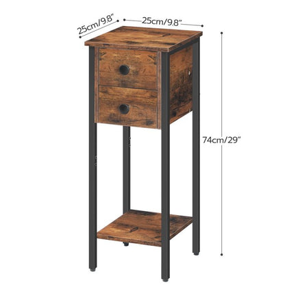 HOOBRO Narrow Bedside Table, Slim Bedside Table Set of 2, Telephone Table with 2 Drawers, Tall Side Table with Metal Frame, Small Nightstand with Open Shelf