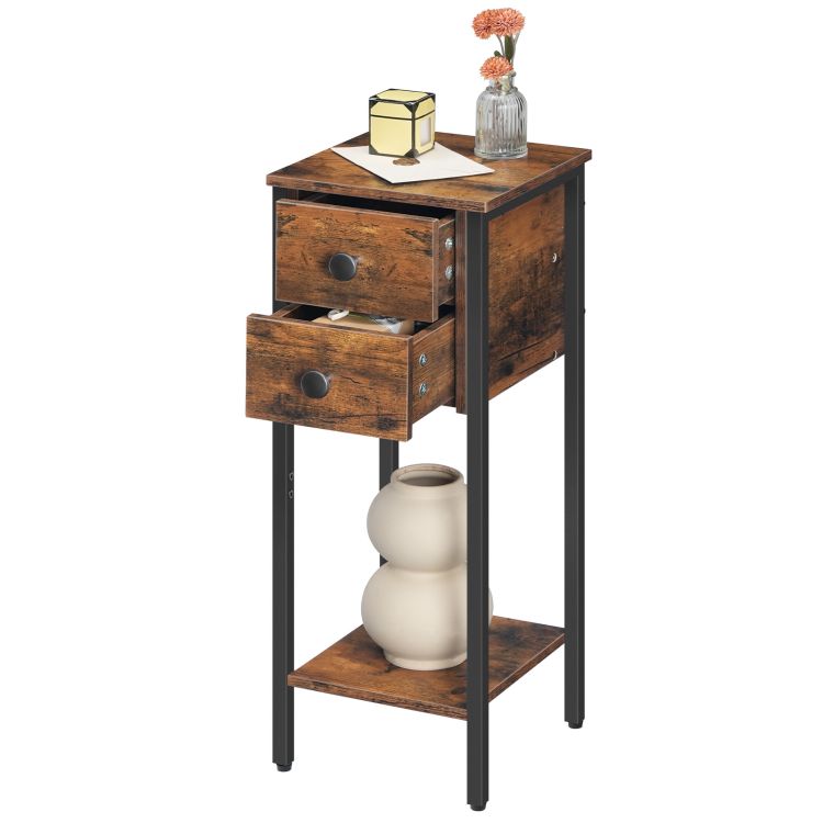 HOOBRO Narrow Bedside Table, Slim Bedside Table Set of 2, Telephone Table with 2 Drawers, Tall Side Table with Metal Frame, Small Nightstand with Open Shelf