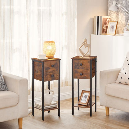 HOOBRO Narrow Bedside Table, Slim Bedside Table Set of 2, Telephone Table with 2 Drawers, Tall Side Table with Metal Frame, Small Nightstand with Open Shelf