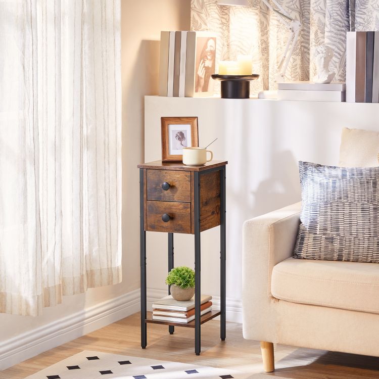 HOOBRO Narrow Bedside Table, Slim Bedside Table Set of 2, Telephone Table with 2 Drawers, Tall Side Table with Metal Frame, Small Nightstand with Open Shelf