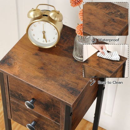 HOOBRO Narrow Bedside Table, Slim Bedside Table Set of 2, Telephone Table with 2 Drawers, Tall Side Table with Metal Frame, Small Nightstand with Open Shelf