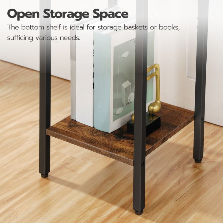 HOOBRO Narrow Bedside Table, Slim Bedside Table Set of 2, Telephone Table with 2 Drawers, Tall Side Table with Metal Frame, Small Nightstand with Open Shelf