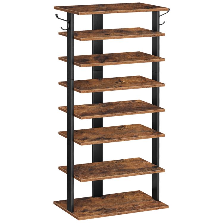 HOOBRO Shoe Rack Wooden, Tall Shoe Rack, Narrow Shoe Storage Organizer for 16 Pairs, Slim Shoe Rack with 2 Hooks, Vertical Shoe Tower for Hallway, Living Room, Industrial