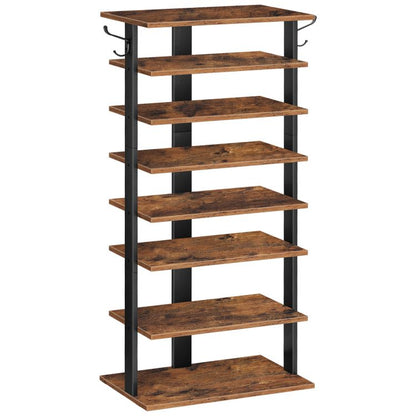 HOOBRO Shoe Rack Wooden, Tall Shoe Rack, Narrow Shoe Storage Organizer for 16 Pairs, Slim Shoe Rack with 2 Hooks, Vertical Shoe Tower for Hallway, Living Room, Industrial