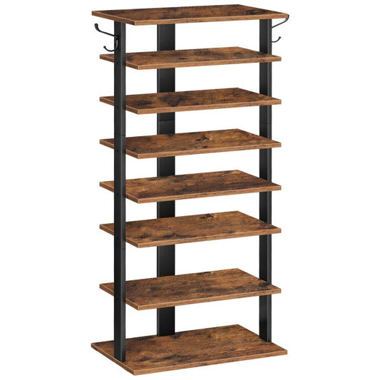 HOOBRO Shoe Rack Wooden, Tall Shoe Rack, Narrow Shoe Storage Organizer for 16 Pairs, Slim Shoe Rack with 2 Hooks, Vertical Shoe Tower for Hallway, Living Room, Industrial