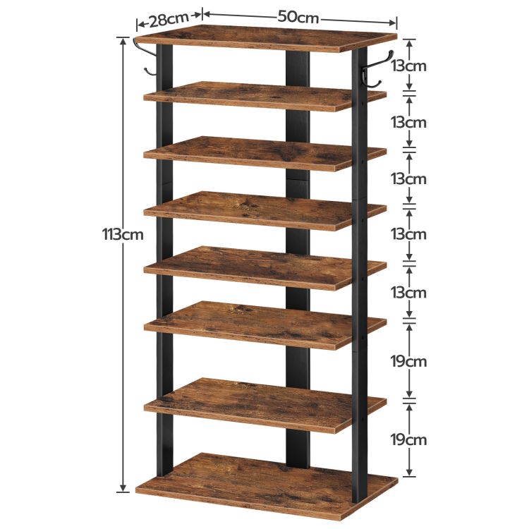 HOOBRO Shoe Rack Wooden, Tall Shoe Rack, Narrow Shoe Storage Organizer for 16 Pairs, Slim Shoe Rack with 2 Hooks, Vertical Shoe Tower for Hallway, Living Room, Industrial