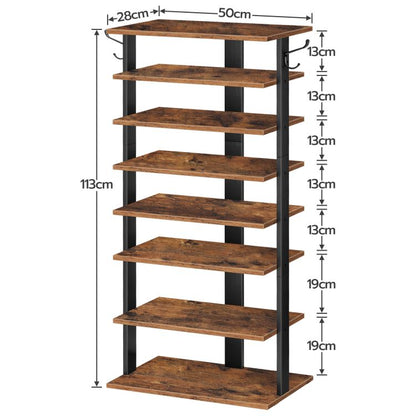 HOOBRO Shoe Rack Wooden, Tall Shoe Rack, Narrow Shoe Storage Organizer for 16 Pairs, Slim Shoe Rack with 2 Hooks, Vertical Shoe Tower for Hallway, Living Room, Industrial
