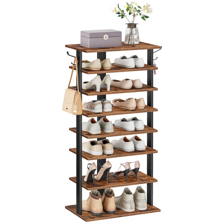 HOOBRO Shoe Rack Wooden, Tall Shoe Rack, Narrow Shoe Storage Organizer for 16 Pairs, Slim Shoe Rack with 2 Hooks, Vertical Shoe Tower for Hallway, Living Room, Industrial