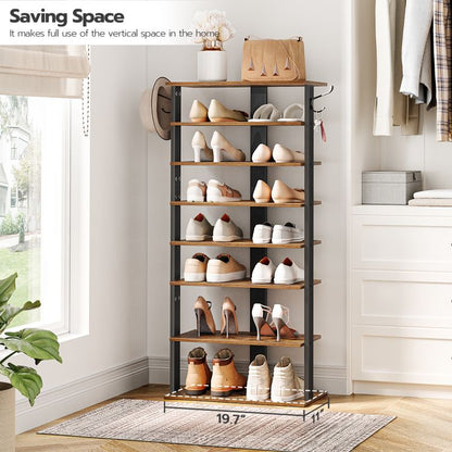 HOOBRO Shoe Rack Wooden, Tall Shoe Rack, Narrow Shoe Storage Organizer for 16 Pairs, Slim Shoe Rack with 2 Hooks, Vertical Shoe Tower for Hallway, Living Room, Industrial