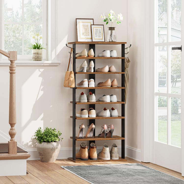 HOOBRO Shoe Rack Wooden, Tall Shoe Rack, Narrow Shoe Storage Organizer for 16 Pairs, Slim Shoe Rack with 2 Hooks, Vertical Shoe Tower for Hallway, Living Room, Industrial