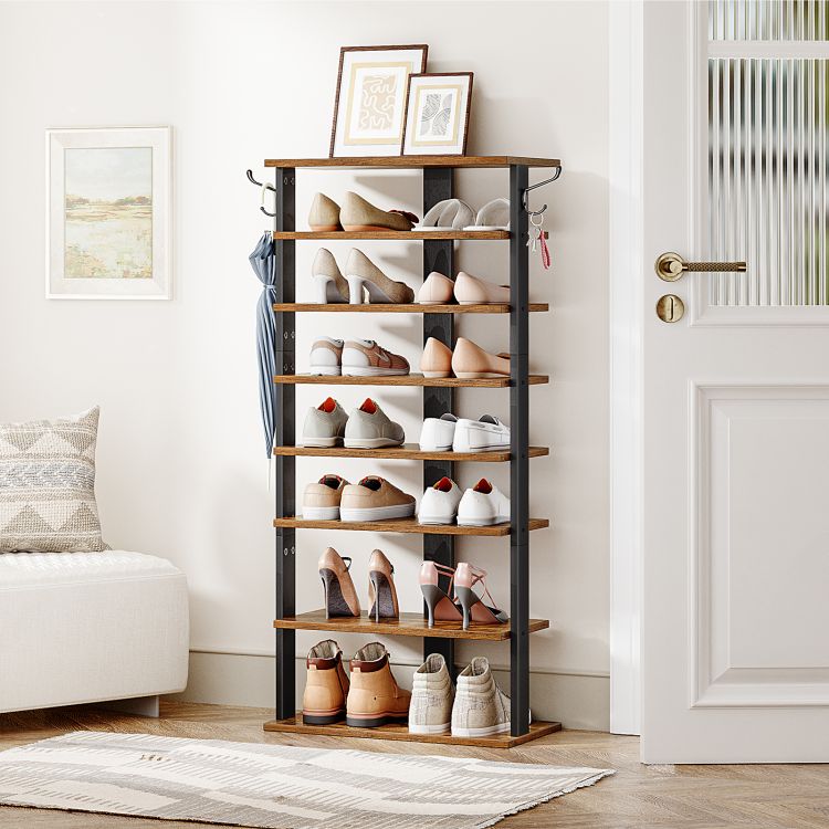 HOOBRO Shoe Rack Wooden, Tall Shoe Rack, Narrow Shoe Storage Organizer for 16 Pairs, Slim Shoe Rack with 2 Hooks, Vertical Shoe Tower for Hallway, Living Room, Industrial