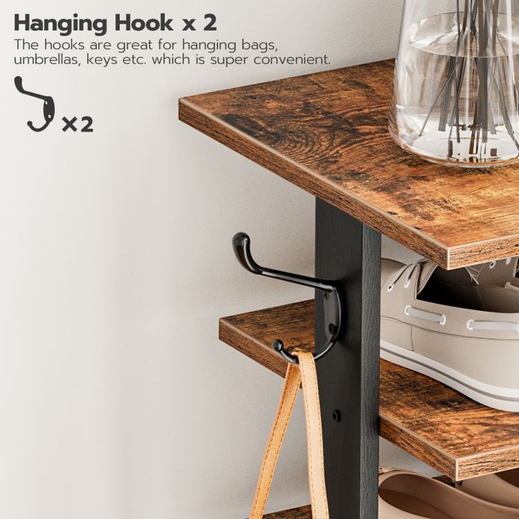 HOOBRO Shoe Rack Wooden, Tall Shoe Rack, Narrow Shoe Storage Organizer for 16 Pairs, Slim Shoe Rack with 2 Hooks, Vertical Shoe Tower for Hallway, Living Room, Industrial