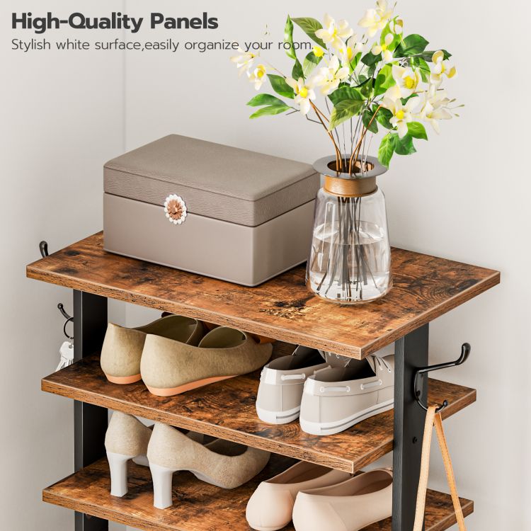 HOOBRO Shoe Rack Wooden, Tall Shoe Rack, Narrow Shoe Storage Organizer for 16 Pairs, Slim Shoe Rack with 2 Hooks, Vertical Shoe Tower for Hallway, Living Room, Industrial