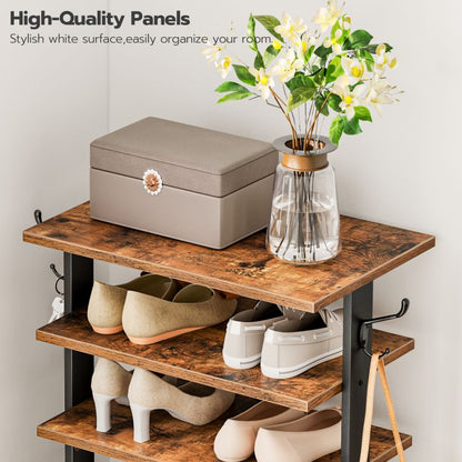 HOOBRO Shoe Rack Wooden, Tall Shoe Rack, Narrow Shoe Storage Organizer for 16 Pairs, Slim Shoe Rack with 2 Hooks, Vertical Shoe Tower for Hallway, Living Room, Industrial