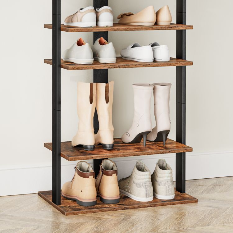 HOOBRO Shoe Rack Wooden, Tall Shoe Rack, Narrow Shoe Storage Organizer for 16 Pairs, Slim Shoe Rack with 2 Hooks, Vertical Shoe Tower for Hallway, Living Room, Industrial